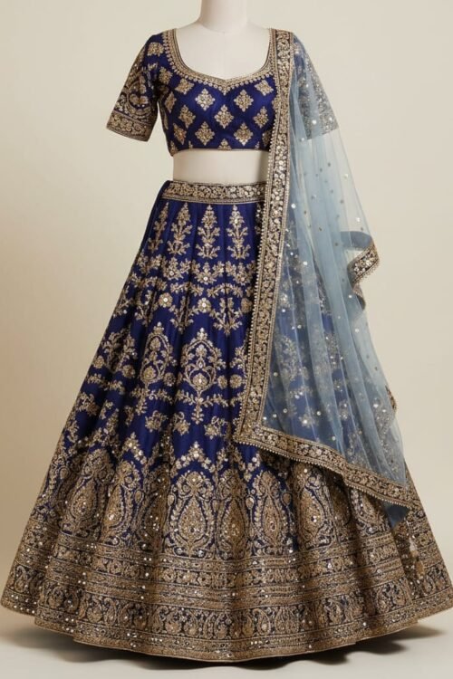 Navy Blue & Gold Embroidered Lehenga